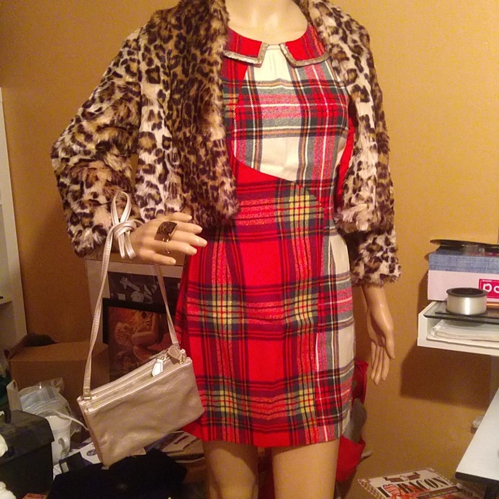 2 pce retro plaid sheath dress with leopard shrug